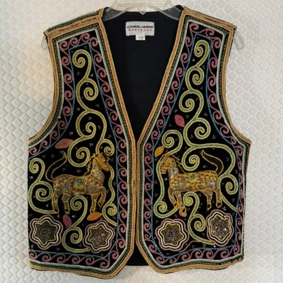 Vtg Carol Horn Workshop Embroidered, Beaded, & Sequin Vest on Black Velvet NWOT - Picture 6 of 11